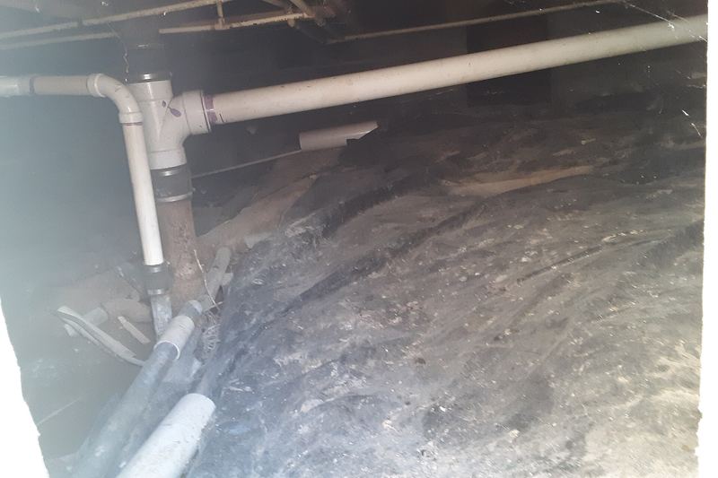 A crawlspace, as viewed through an open access panel in the rear of the house, with a vapor barrier partly covering the dirt floor